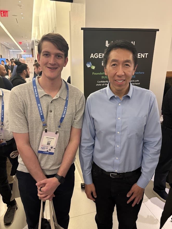 Jonah standing beside Andrew Ng at AI Dev ’25